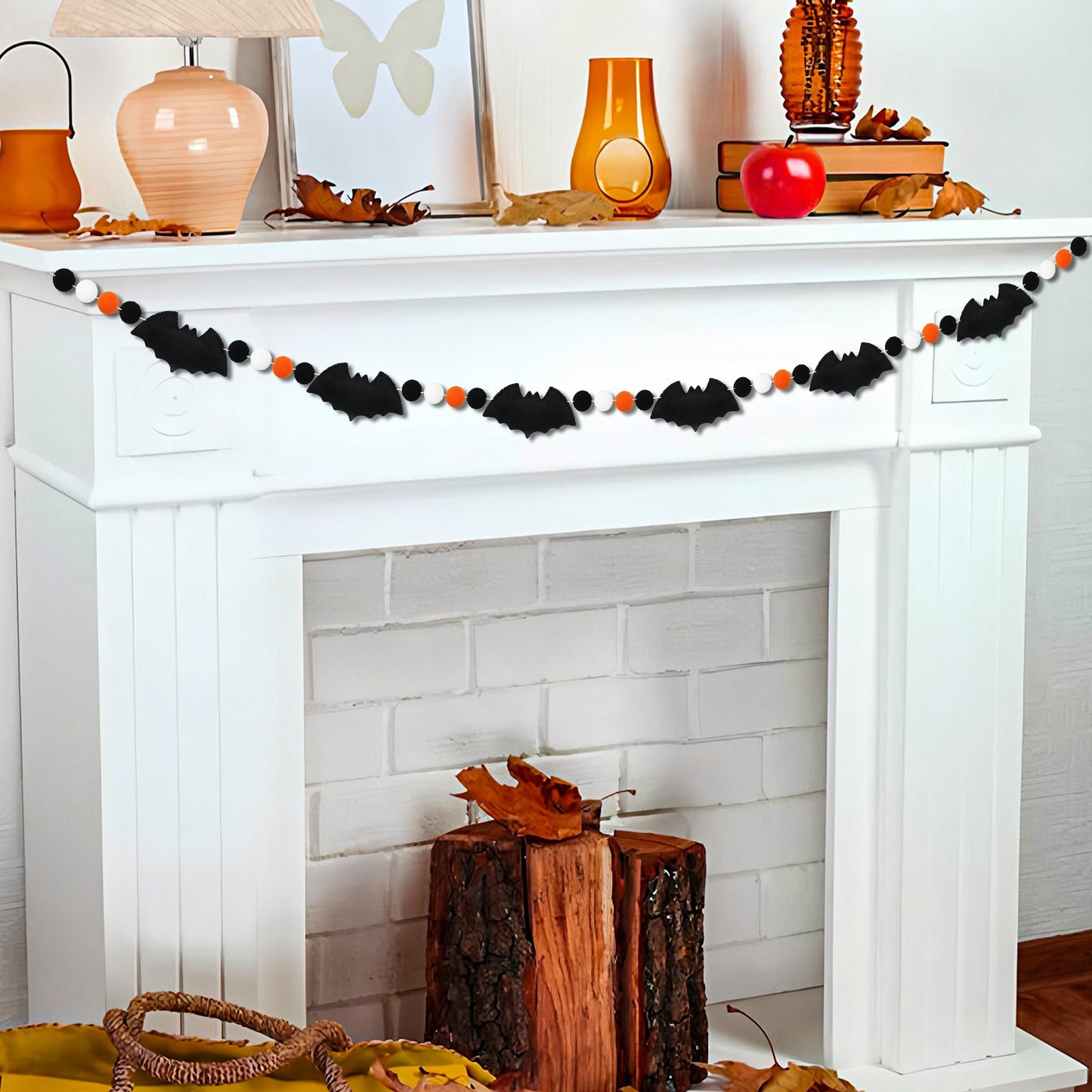 6.6Ft Halloween Felt Bats Banner Pre-Assembled 3D Bat Felt Hanging Garland Pompom Ball Bunting Banner Black White Orange Halloween Decor for Haunted Houses Doorways Home Mantel Decoration
