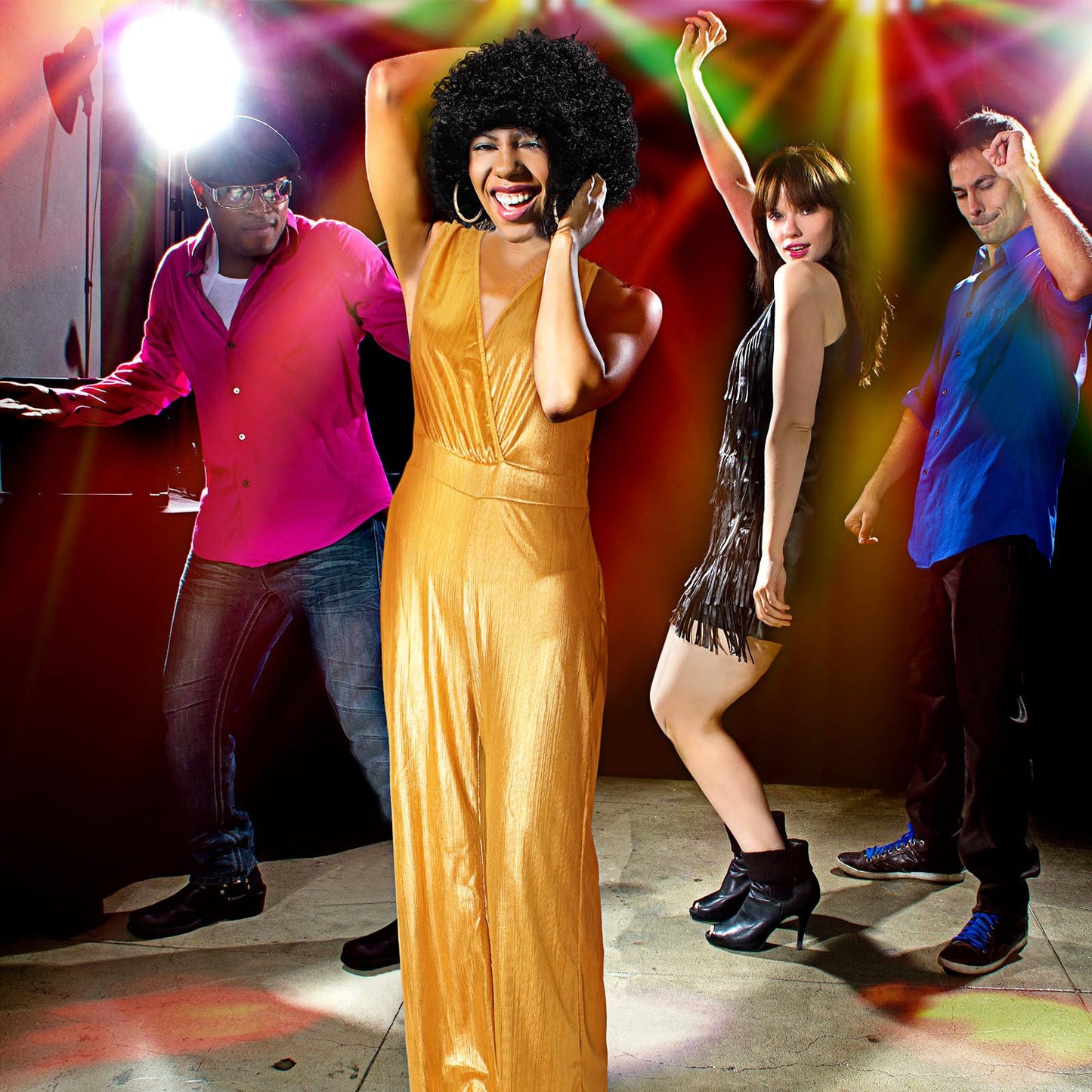 Yahenda 3Pcs Women Disco Doll Costume 70'S Gold Jumpsuit Outfit with Short Curly Wigs, Large Hoop Earrings for Halloween (Large)