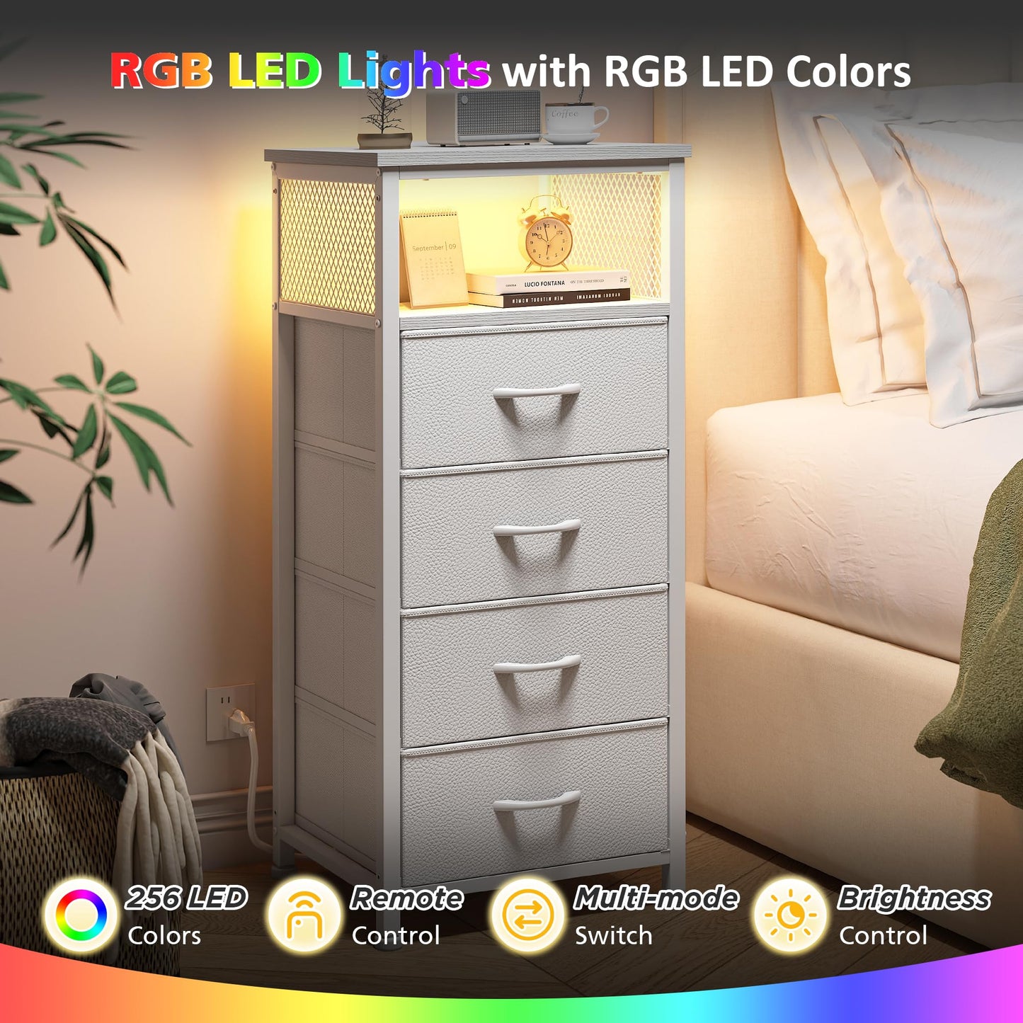 White Nightstand Set of 2,LED Night Stand with Charging Station,Fabric Dresser for Bedroom, Hallway, Entryway, Living Room, Closet, Sturdy Steel Frame, Wood Top, Cloth Bags, Hooks, White