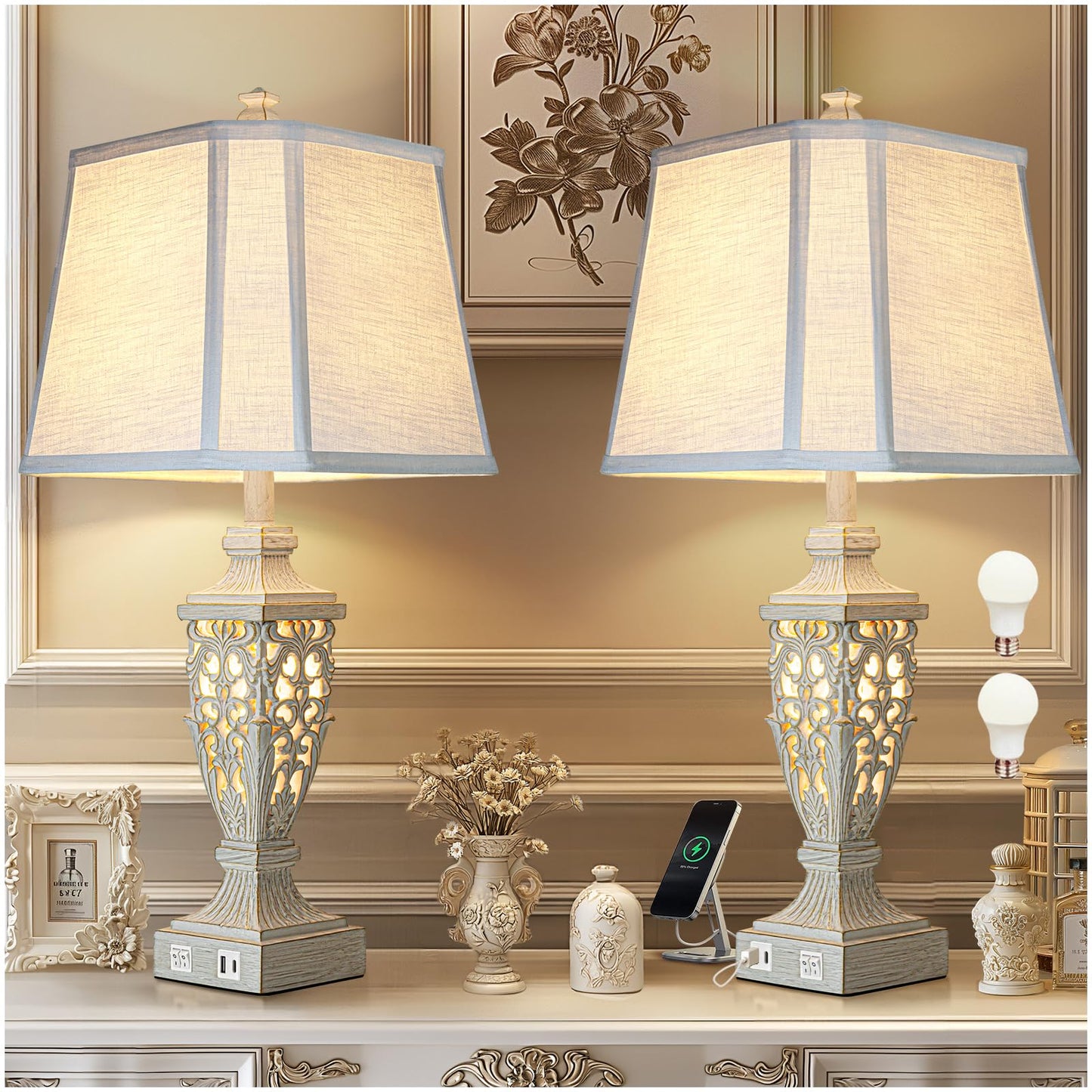 28.5" Lamps for Living Room - Table Lamps Set of 2 with Night Light,Bedside Lamp with White Linen Cut Corner Shade - for Bedroom Room and Nightstand with USB A+C Ports- for Office Hotel(Bulb Included)