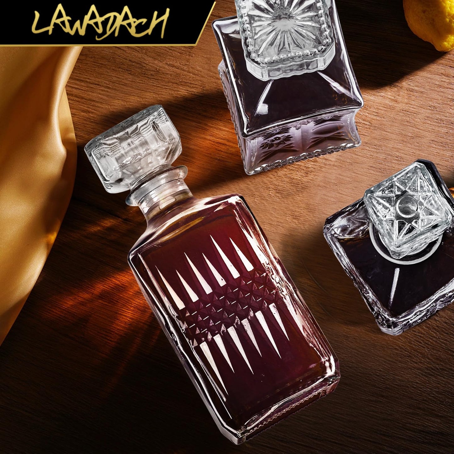 Whiskey Decanter Set of 3 Glass Liquor Decanters, Alcohol Bottles with Airtight Decanter for Tequila, Vodka and Brandy Unique Whiskey presents for Man, Dad, Husband and Home Bar Decor (28oz*2, 31oz*1)