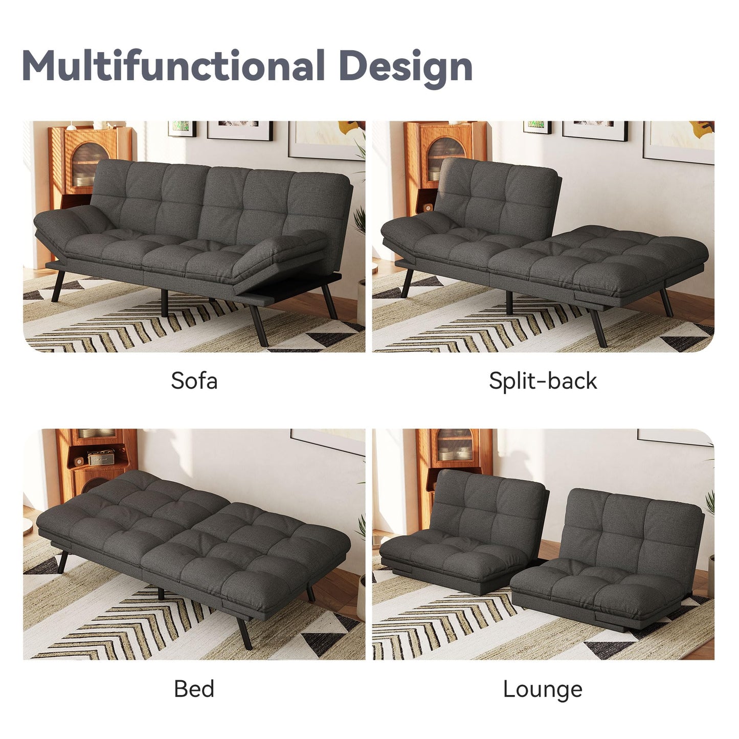 Vyfipt Convertible Futon Sofa Bed, 71" Memory Foam Futon Couch with Detachable,Adjustable Backrest,Linen Fabric Folding Small Loveseat Sleeper for for Living Room,RV,Office,Apartment,Dark Grey