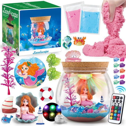 Woumserta Mermaid DIY Terrarium Kit - Mermaid Craft Toys for Girls Age 6-8, DIY Light Up Terrarium Kit Gifts for Kids 6-12