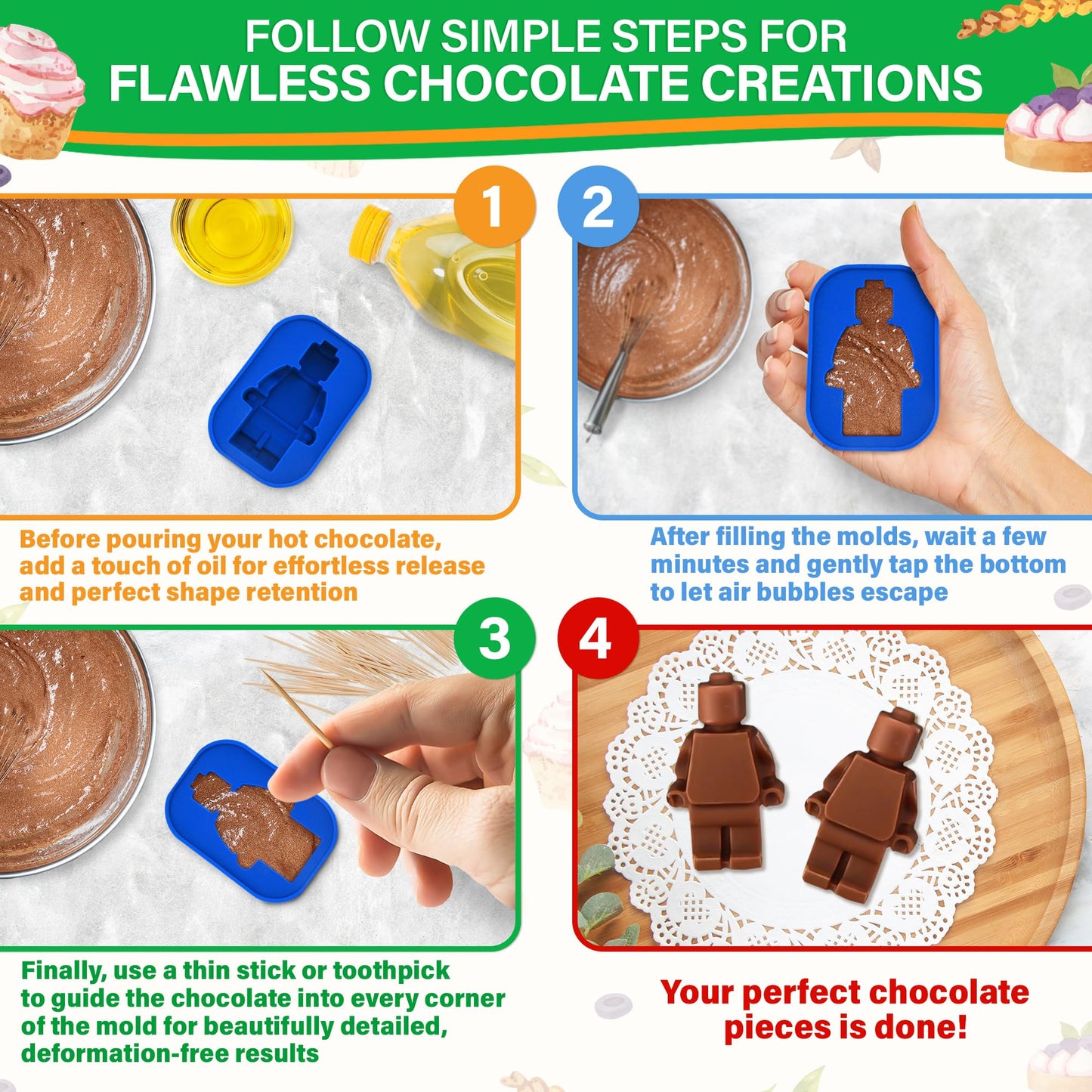 6 Pcs Silicone Molds for Chocolate – Fun Robot & Brick Non-Stick Shapes, Heat-Resistant, Easy to Use and Clean – Chocolate Molds Silicone Design for Candy, Ice, Gelatin, Gummy, and Cake Decorating