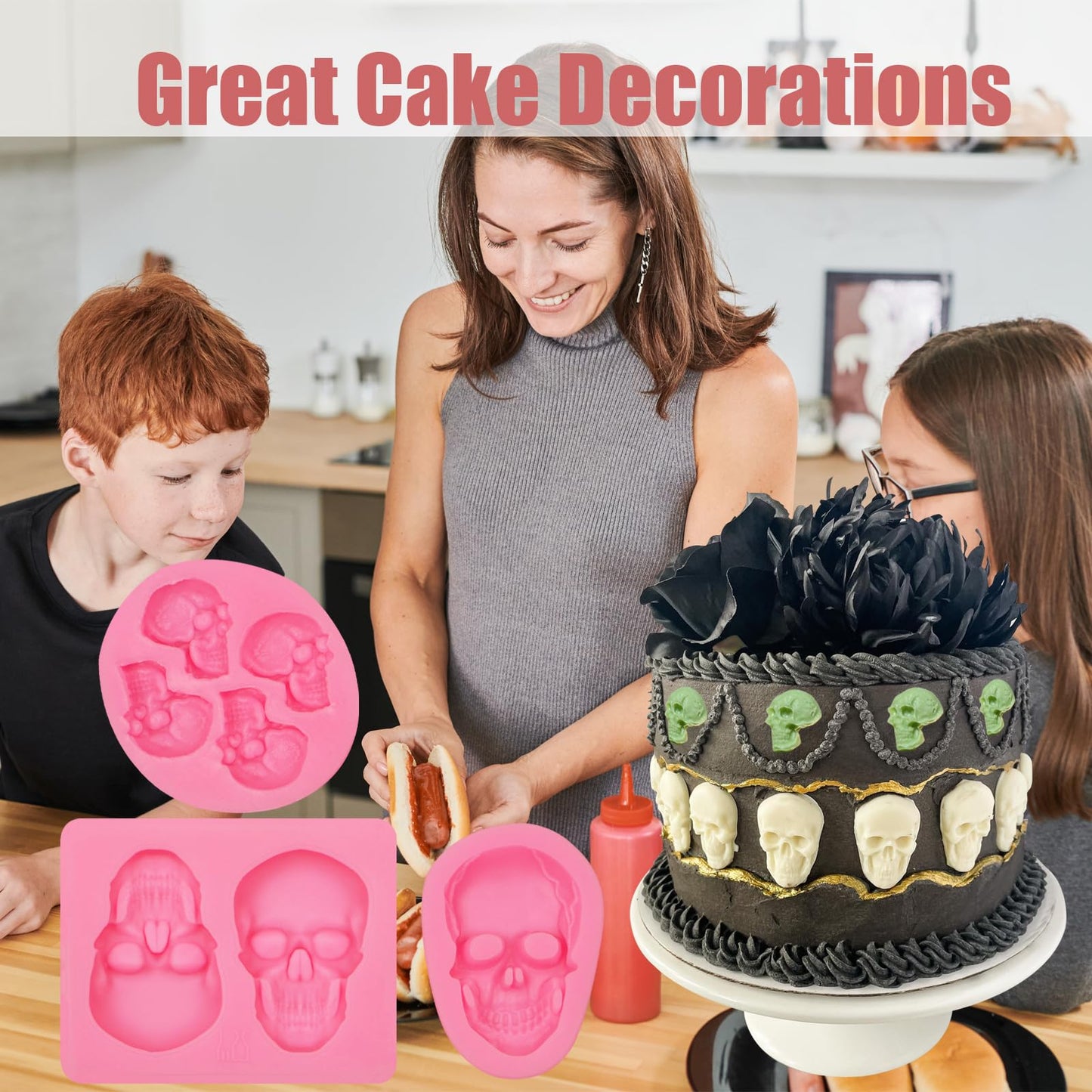 3D Skeleton Skull Halloween Silicone Fondant Molds 3 Pcs, Halloween Party Chocolate Candy Clay Moulds for for Cake Decoration Sugar Cupcake Topper Cake Pop Popsicle Polymer Clay Crafts