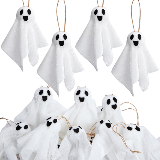 Watayo 16 Pcs Halloween Hanging Ghosts Decoration, 3.5" x 3" Outdoor Small Ghosts Tree Ornaments, Farmhouse Rustic White Cloth Ghost Hanging Decor for Yard Lawn Haunted House Party Decor