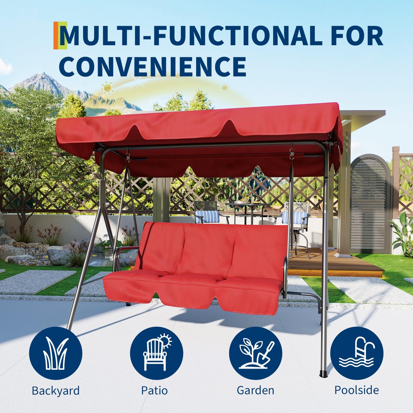 3 Person Patio Swing Chair with Canopy for Porch, Convertible Canopy Hanging Glider Lounge Chair, Patio SwingWith Adjustable Tilt Shade