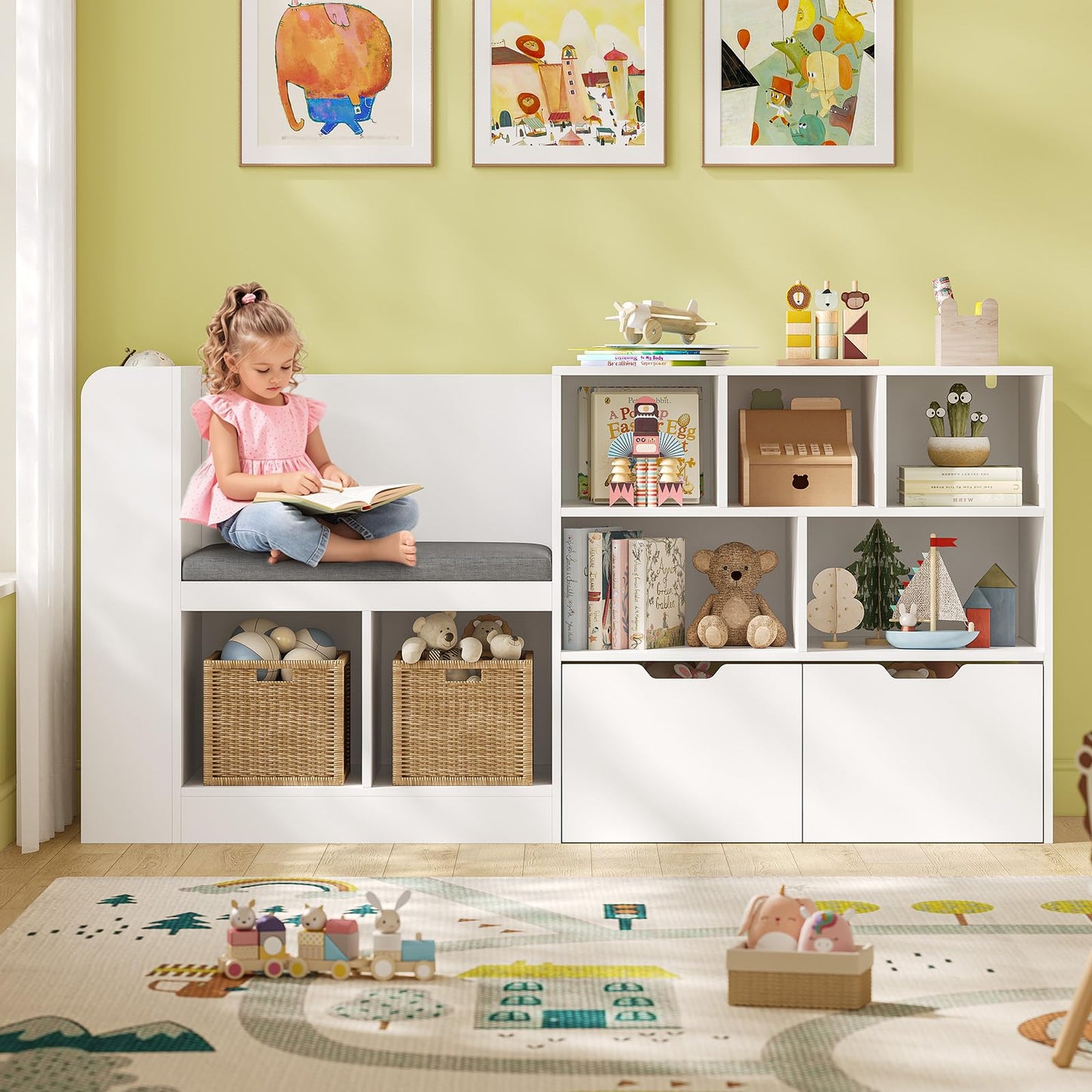 62.2” Kids Bookshelf with Reading Nook, Kids Bookcase with Seat Cushion and 6 Storage Cubbies, Side Shelves, Toy Storage with 2 Movable Drawers, Hidden Wheels, for Playroom and Bedroom, White