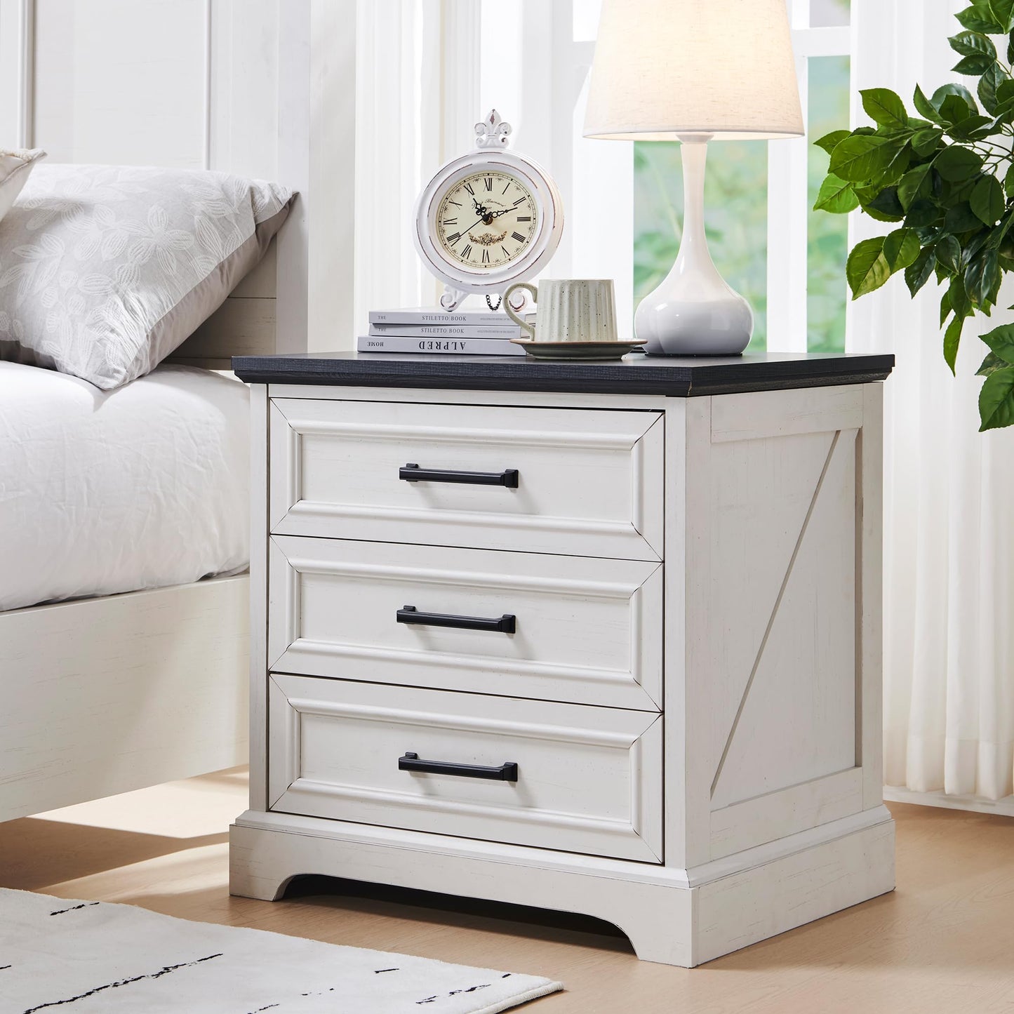 ACCOHOHO Farmhouse Nightstands Set of 2, 22 Inch Wide End Table with Charging Station & 3 Large Drawers, Rustic Wood Small Dresser Chest of Drawers for Bedroom, Living Room, Off White