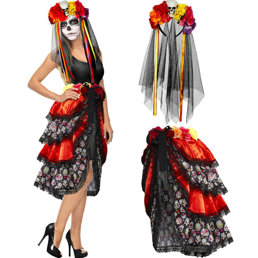 2 Pcs Halloween Day of the Dead Bustle and Day of the Dead Headband for Women Set Halloween Costumes for Women Girls (Medium)