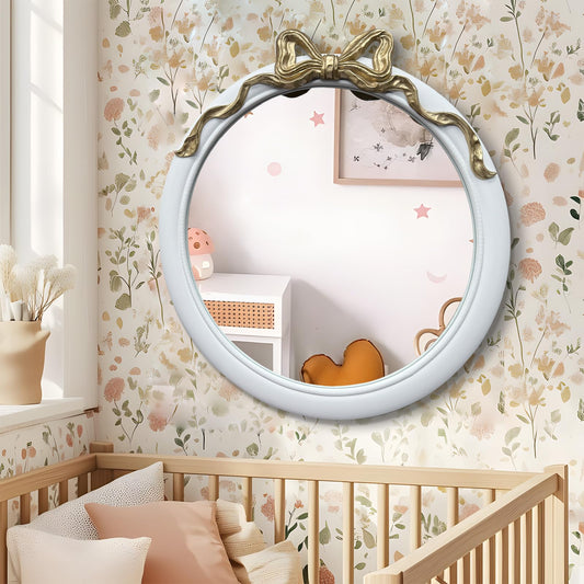 27 inch Round/Circle Wall Mirror, Vanity Bow Mirror for Wall Decor, Decorative Antique White&Gold Bathroom Mirrors, Traditional Art Home Decor for Dressing Table, Living Room, Bedroom