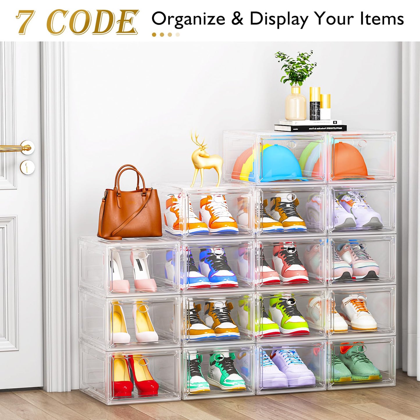 7 code Large Clear Shoe Boxes Organizer【Thicker Material】 Stronger Shoe Box with Magnetic Door, Stackable Shoe Storage Box for Closet, Foldable Space-Saving Storage Bins Shoe Cabinet, White 9 Pack