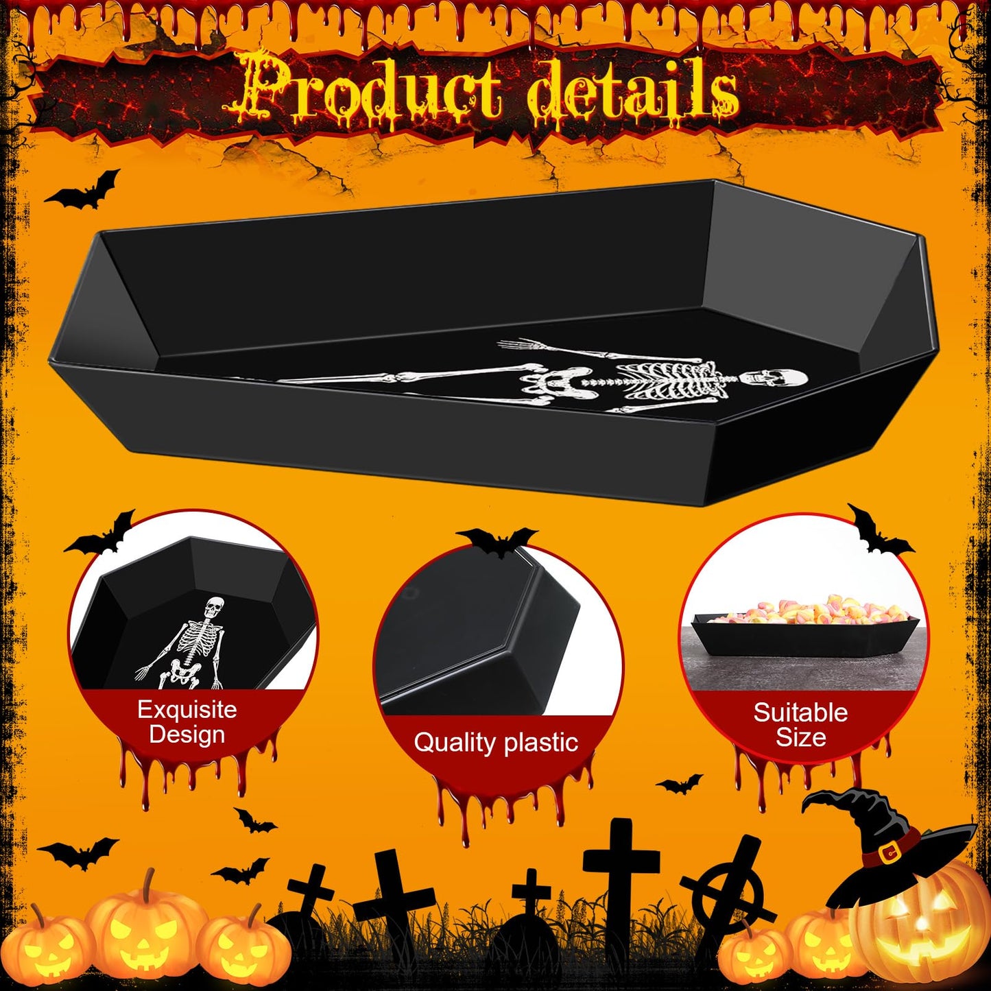 Wiwiqing 2 Pcs Halloween Candy Bowl Plastic Coffin Shaped Serving Tray Spooky Serving Dish Trick or Treat Candy Platter for Halloween Party Food Storage Charcuterie Board Serving Supplies (Skull)