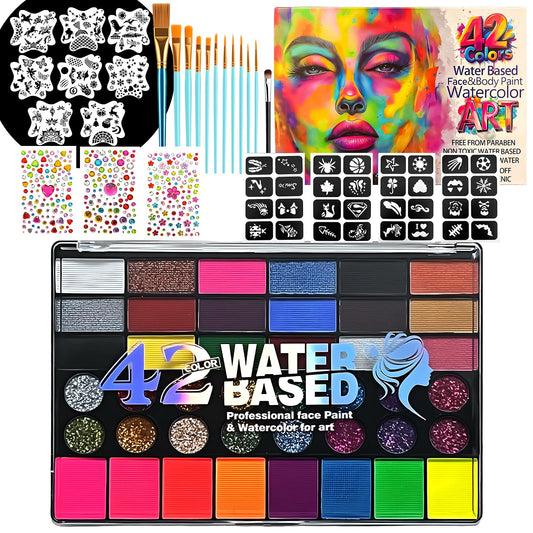 42 Color Face Paint Kit for Kids – Non-toxic Water-Based Makeup Palette with Stencils, Brushes & Gems – Face Painting Kit for Kids Ideal for Halloween, Parties, Festivals, Body Art & More