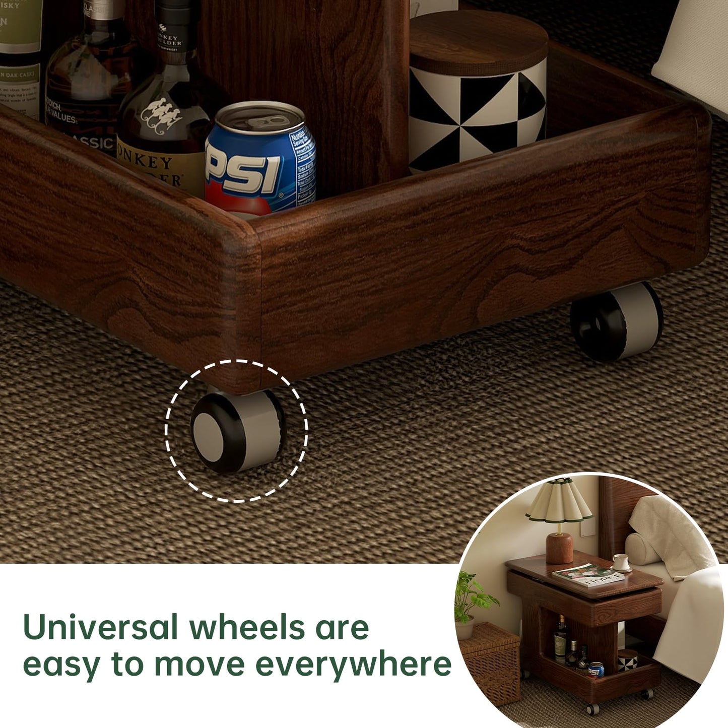 100% Solid Wood Lift Top Coffee Table with Storage, Small Bedside Table with Wheels and Rotating Desktop, Transform Coffee Table for Living Room, Recliner and Small Places(Walnut, No Need to Install)