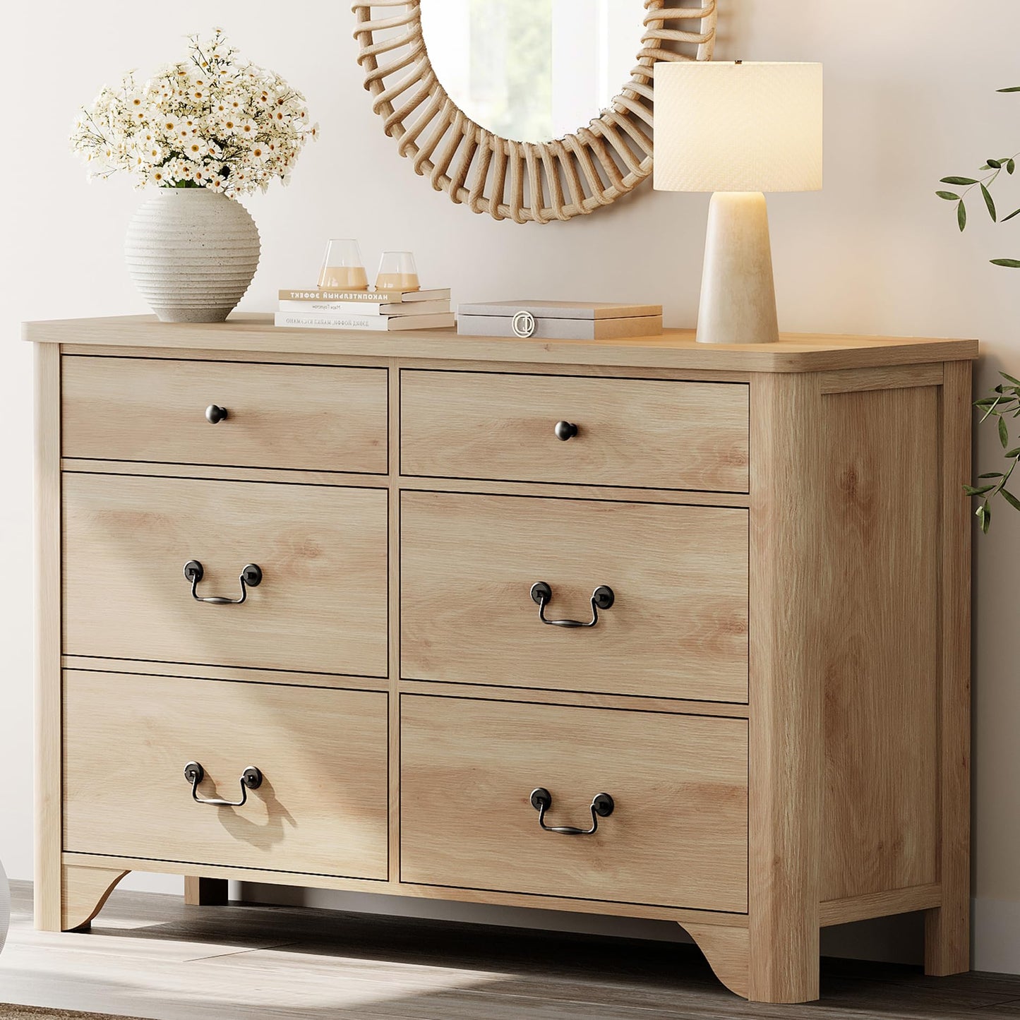 WAMPAT Oak Dresser for Bedroom with 6 Drawers, 47.2" Wide Farmhouse Dressers Chests of Drawers with Curved Profile Design, Wood Closet Organizer for Bedroom, Hallway