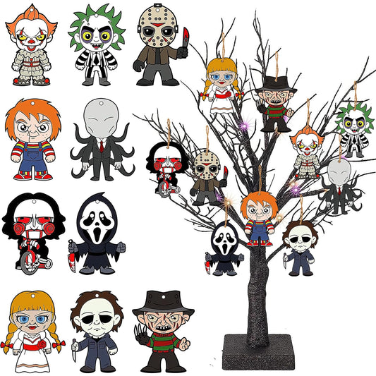 10pcs Halloween Tree Ornaments - Horror Movies Christmas Ornaments for Tree, Wooden Hanging Ghostface Decor, Scary Movie Gifts, Mini Horror Movie Merchandise Halloween Trees Decorations Indoor Outdoor