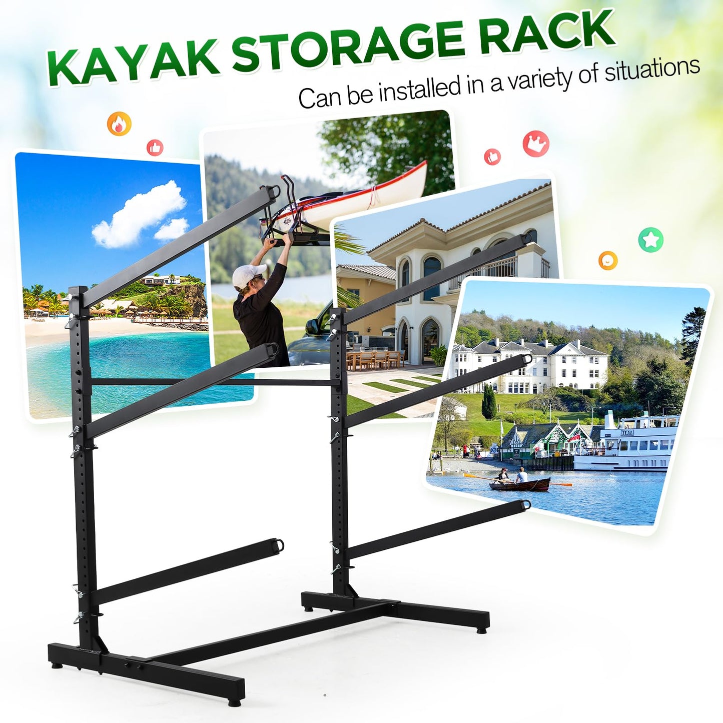 Danrelax Freestanding Kayak Storage Rack – Weatherproof, Holds Kayaks up to 46'' Length and 36'' Width, Adjustable Height 28''-42'' for Indoor Use