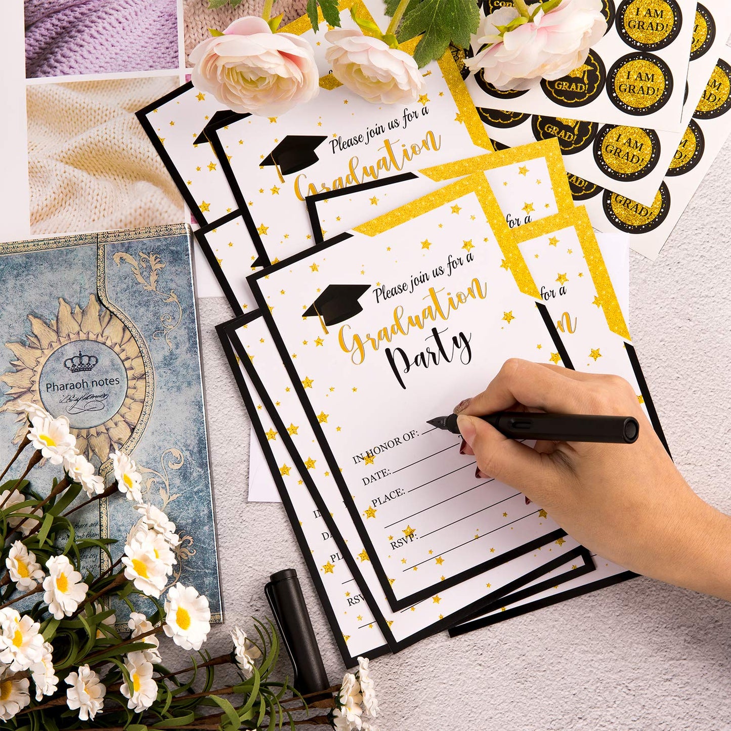 Whaline 35 Set Graduation Party Invitations with Envelopes and Grad Stickers Graduation Announcements Black Gold Invite Cards for College High School University Grad Celebration Party