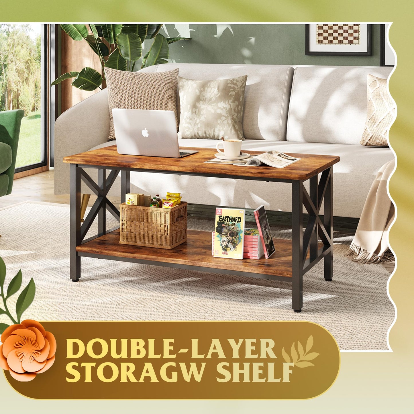 WLIVE Coffee Table for Living Room, 39" Modern 2-Tier Center Table with Round Corners, Storage Shelf, Farmhouse Style Small Coffee Table with Metal Frame, Rustic Brown