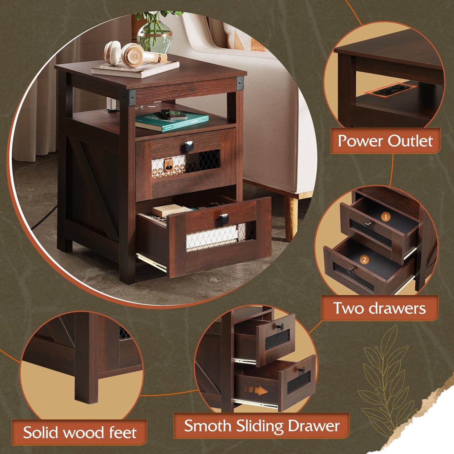 WLIVE Side Table with Charging Station, Farmhouse End Table, Bed Side Table with 2 Mesh Drawers Storage & Open Shelf, Rustic Wooden Cabinet Night Stand for Bedroom, Living Room, Espresso
