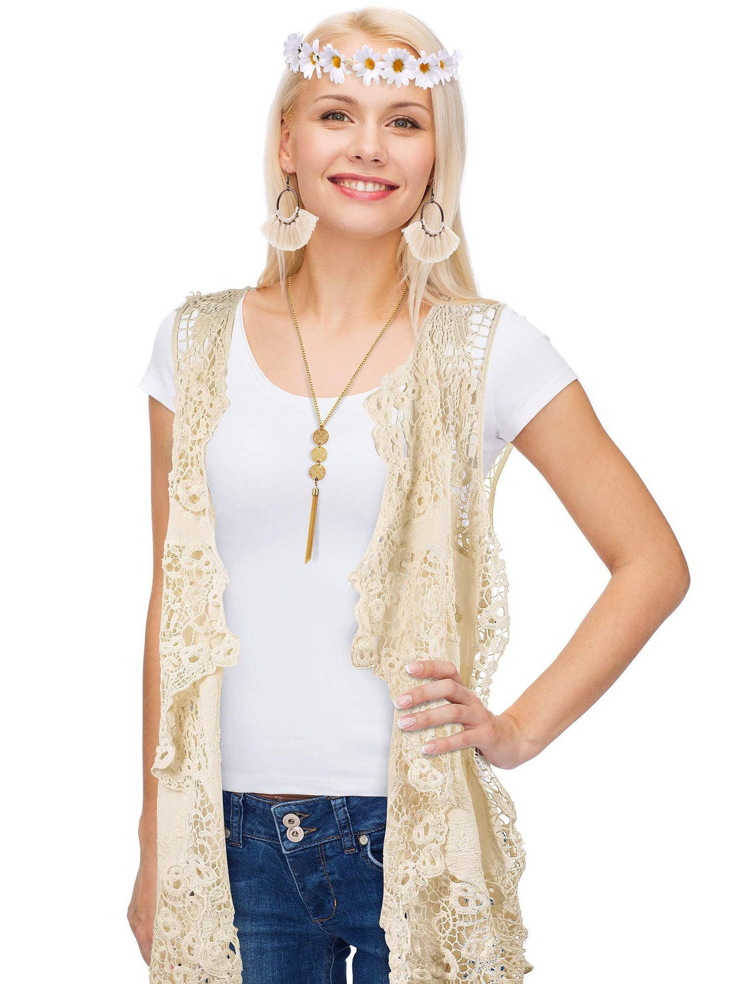 WILLBOND 4 Pcs Halloween 60s 70s Outfits for Women Hippie Costume 70s Costume Tops Accessories Women Fringe Hippie Vest(Large,White)