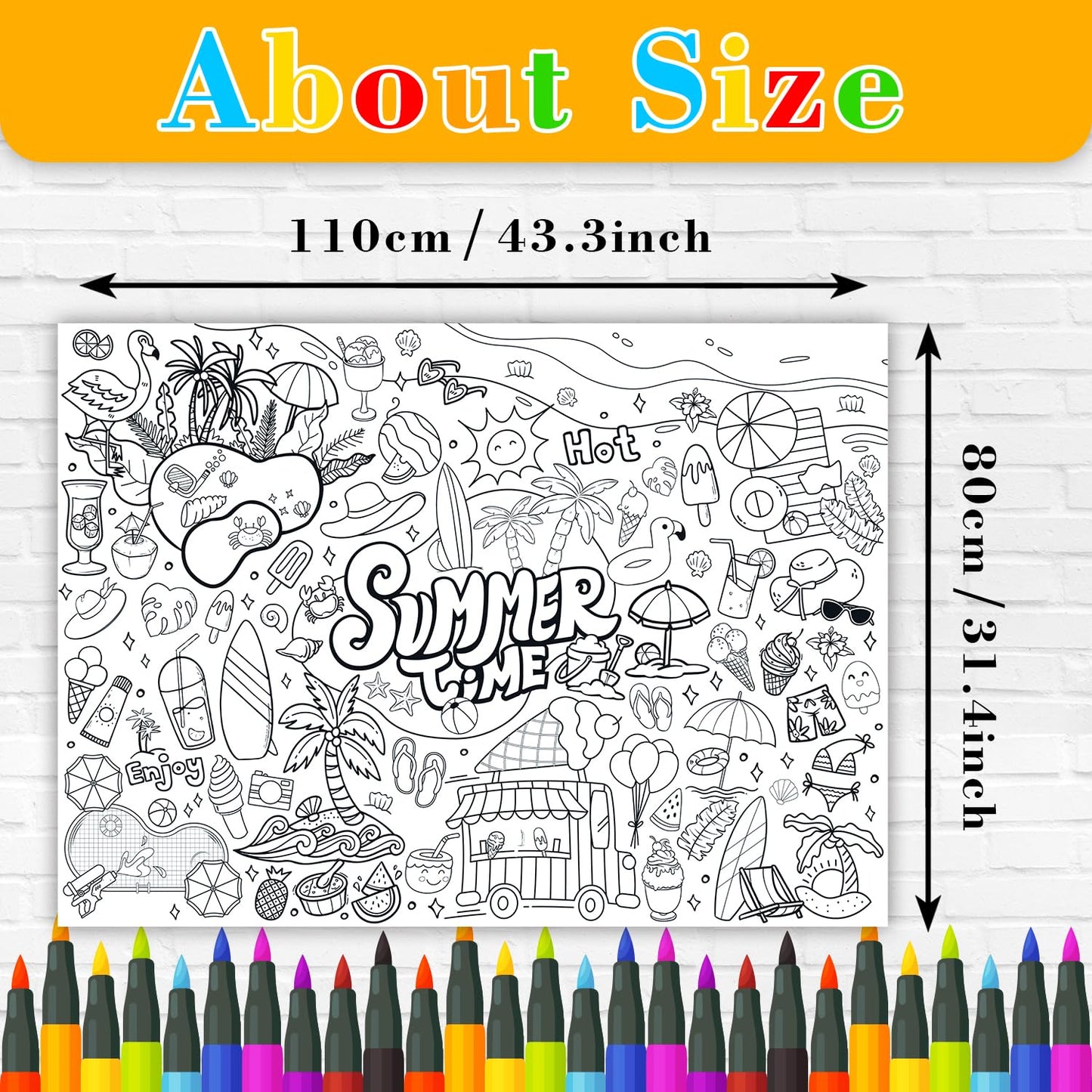 43.3x31.5" Summer Coloring Poster with Picture, Giant Summer Time Painting Poster, Large Coloring Tablecloth for Classroom Home Birthday Party Supplies Favor