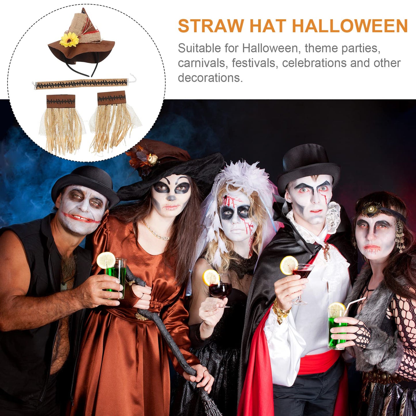 4Pcs Halloween Straw Hat Costumes Straw Sunflower Wizard Hat with Necklace Wristband Decoration for Harvest Carnival Cosplay Adornment