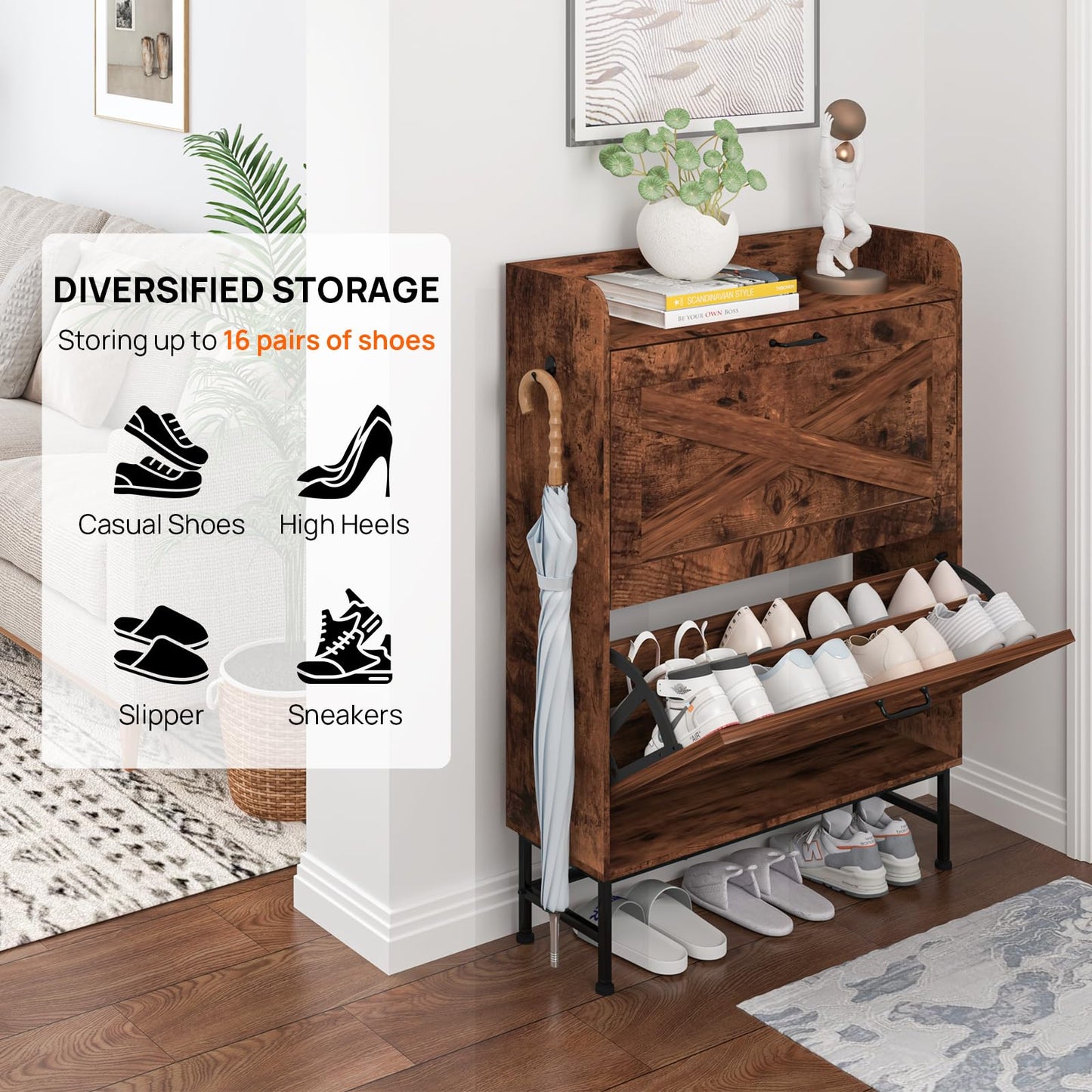 Walmokid Shoe Storage Cabinet for Entryway, Narrow Shoe Cabinet with 2 Flip Drawers, Freestanding Shoe Organizer with Open Storage for Living Room, Entryway, Foyer, Hallway(Rustic Brown,1 Pack)