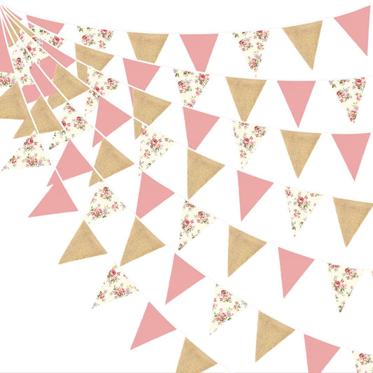 32Ft Flora Party Decorations Blush Rose Pink Burlap Flora Triangle Flag Fabric Banner Pennant Garland Streamer for Chic Tea Party Vintage Birthday Wedding Baby Shower Engagement Rustic Garden Decor