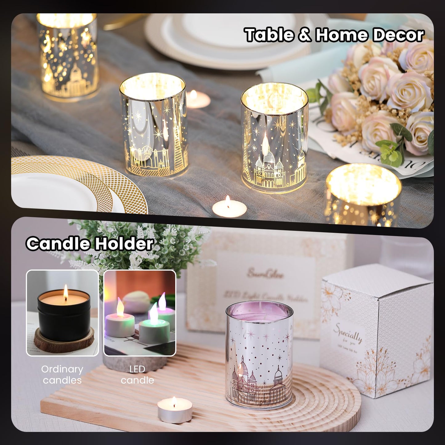 Votive Candle Holders, SunGlee Tealight Candle Holder with Gift Box, Glass Candle Holder with LED Light for Table Centerpieces, Tea Party, Wedding, Birthday, Various Themed Parties Table Decor 2Pack