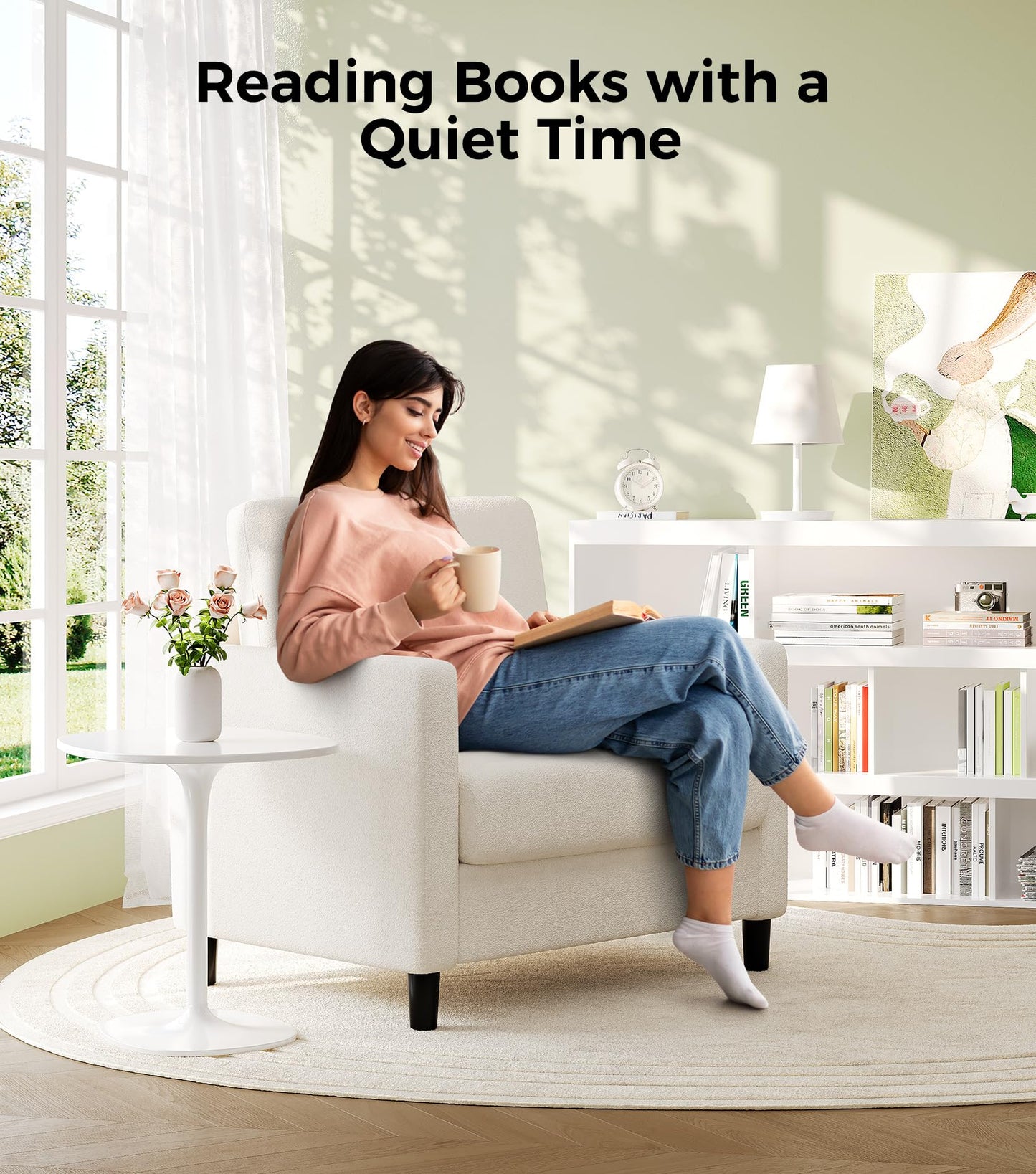 Welzona Sofa Accent Chair, 33" Reading Chair for Bedroom, Tool-Free Setup Living Room Accent Chairs, Comfy Arm Chairs Living Room, All-Wood Reading Nook, Beige