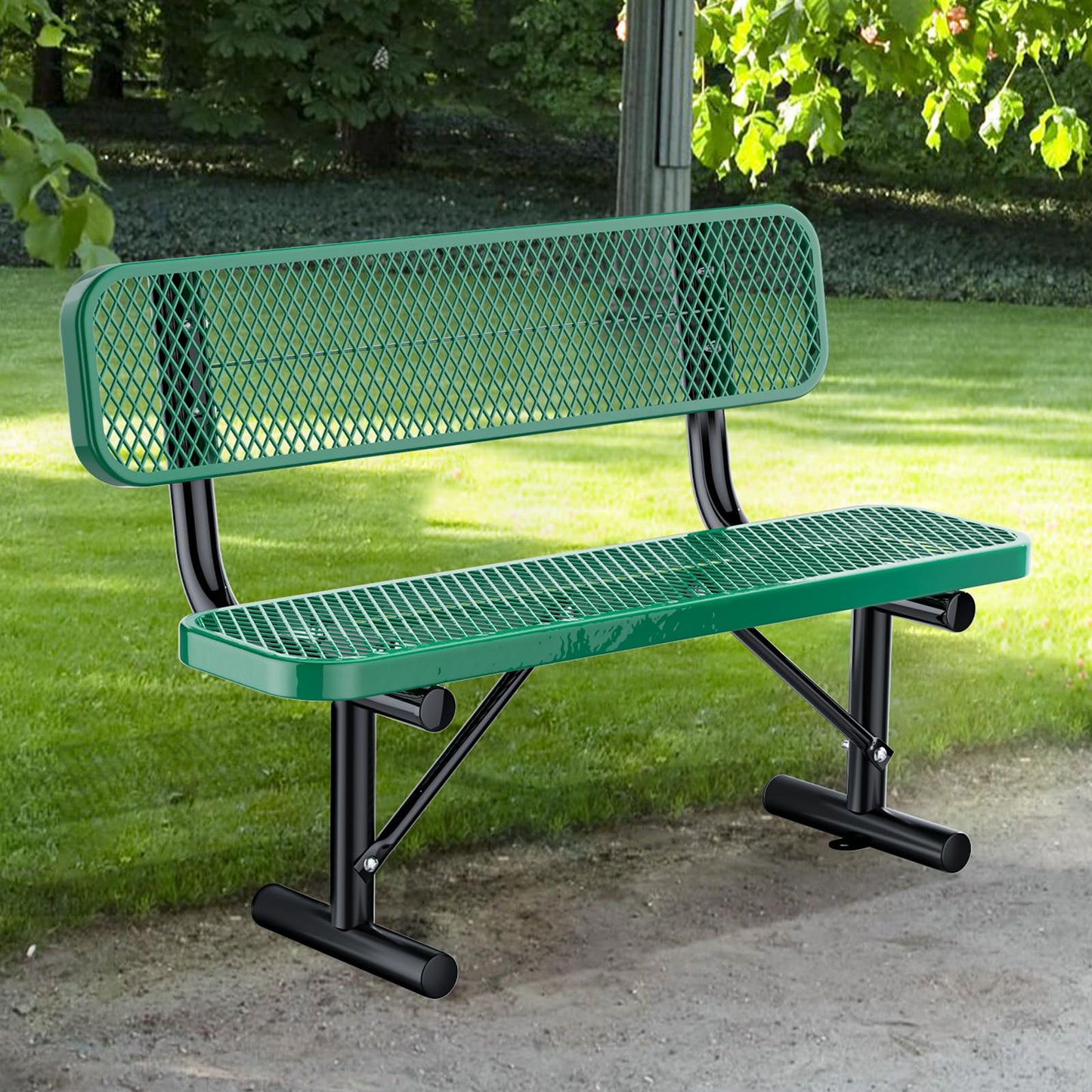 4FT/48INCH Heavy Duty Metal Park Bench for Outside, Outdoor Garden Benches with Backrest & Portable Frame, Expanded Metal Mesh Bench for Shopping Malls, Lawn, Park, Deck, Patio, Porch, Green