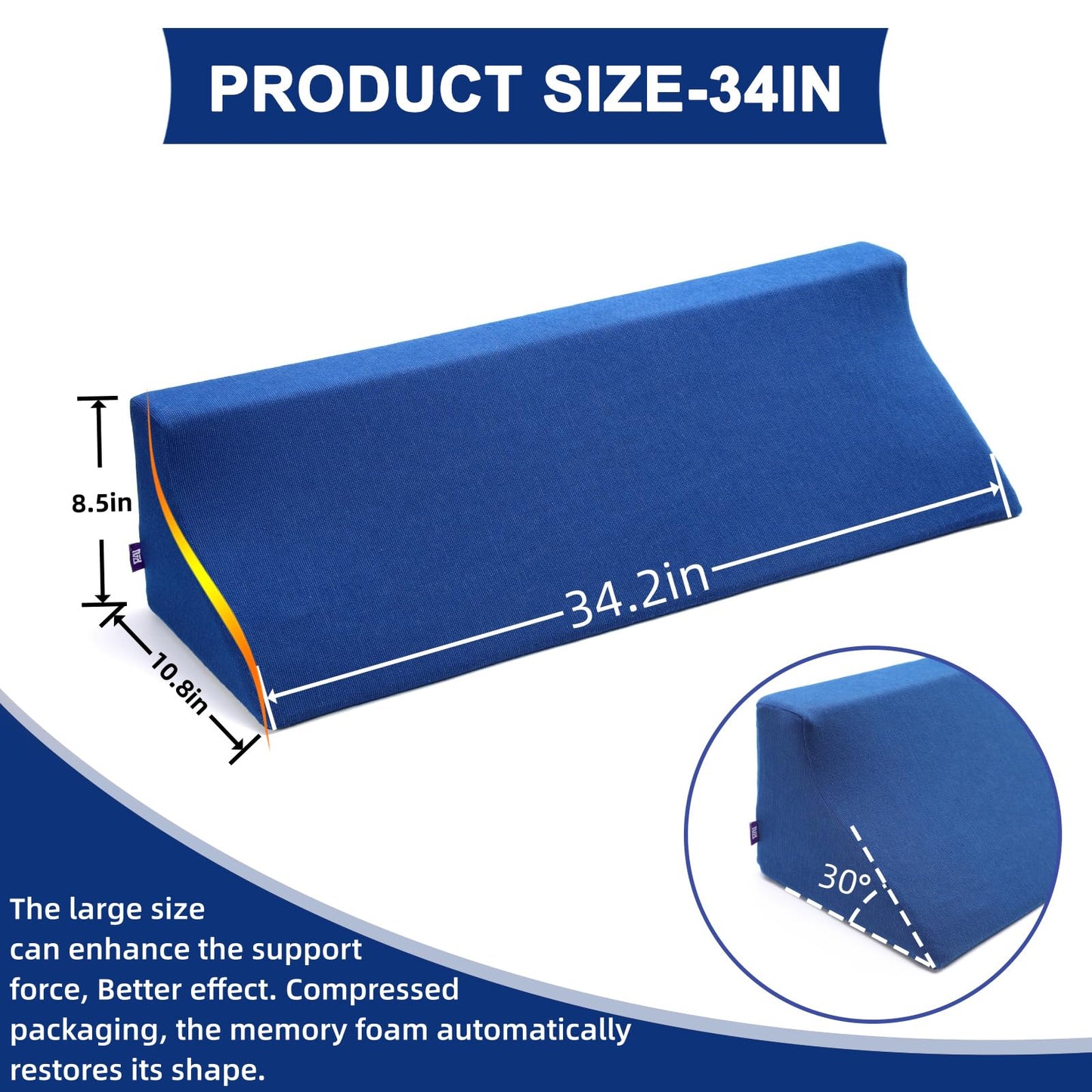 34in Bed Wedges & Body Positioners, 30 Degree Wedge Pillow for Side Sleeping/After Surgery, Triangle Foam Bed Wedge Pillow with Blue Machine Washable Cover, for Pregnancy, Back, Leg Pain Relief