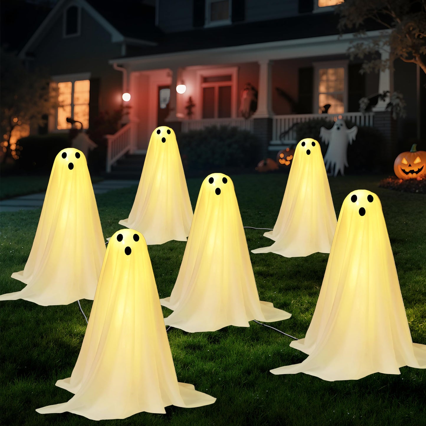 JOYIN 6 Pcs Halloween Decorations Outdoor Ghosts Pathway Lights, 18” White Light Up Cloth Ghost with Yard Stakes for Graveyard Yard Lawn Garden Prop, Party Decor Supplies