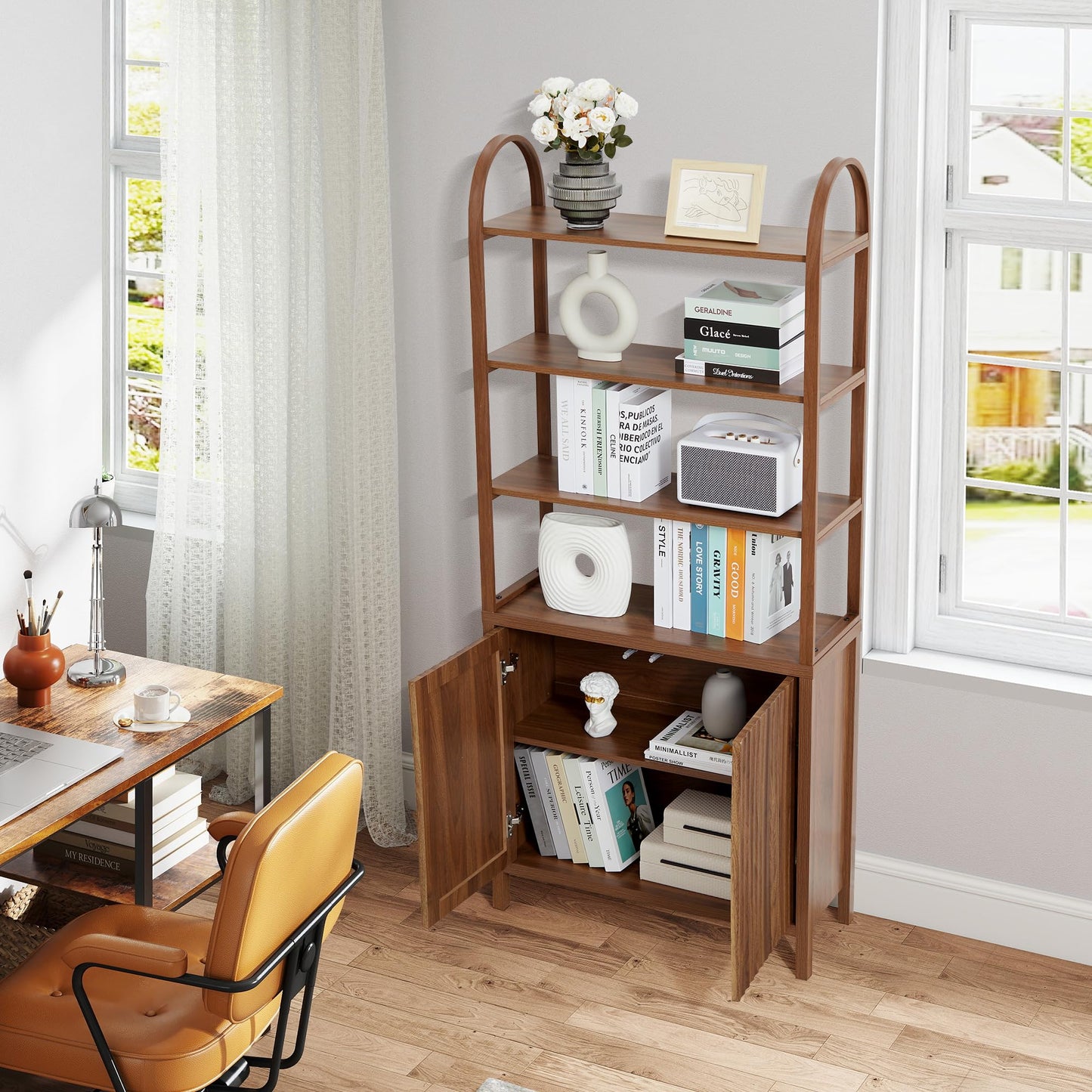 71” Tall Arched Bookshelf Storage with Fluted Doors, Mid Century Modern 6 Tier Bookshelves, Freestanding Bookcase Cabinet with Open Display Storage Shelf for Living Room Home Office Bedroom, Walnut
