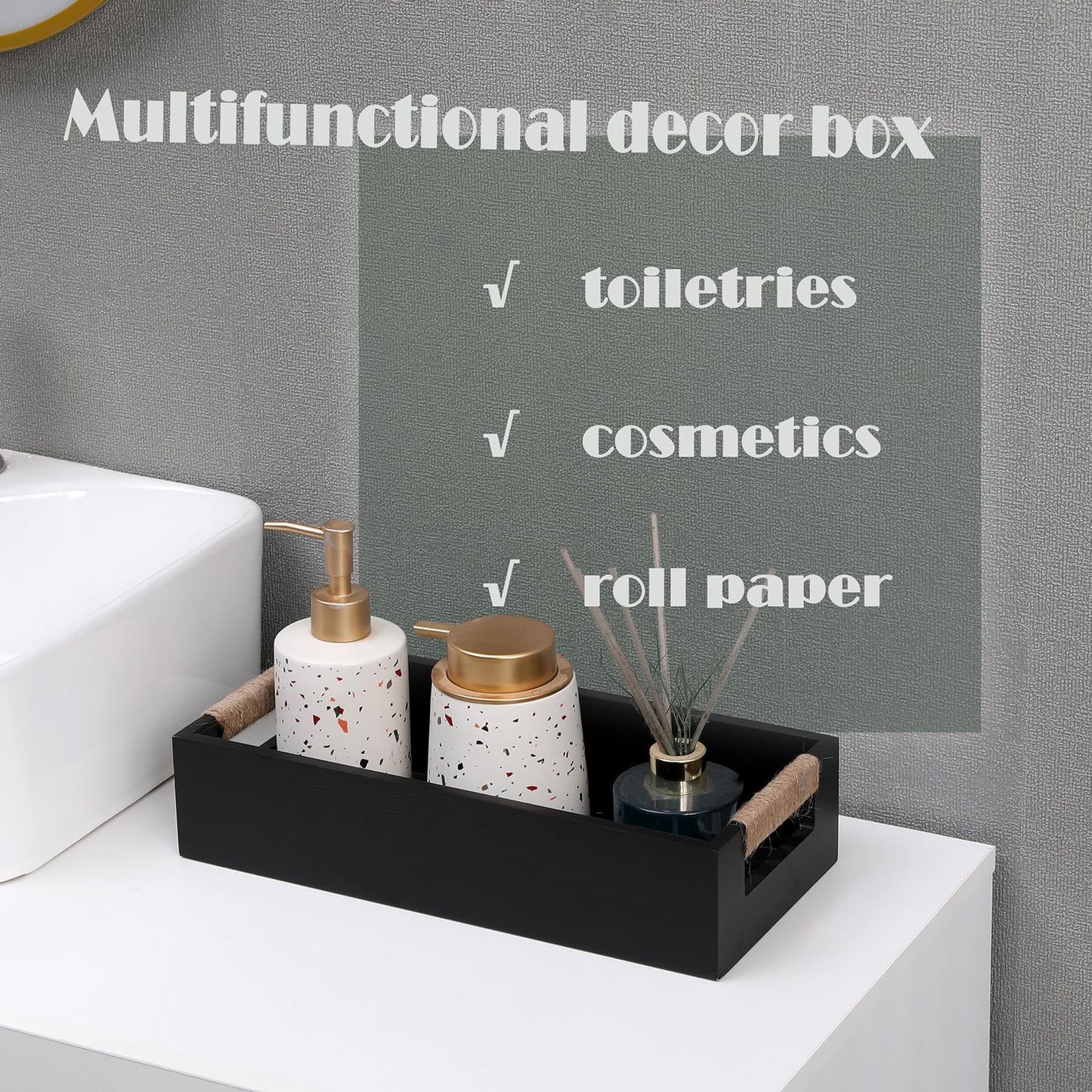 WSIFACA Black Decor Box Bathroom Wooden Toilet Tank with Rope Handles, Farmhouse Toilet Storage Basket for Bathroom Living Room Table Counter