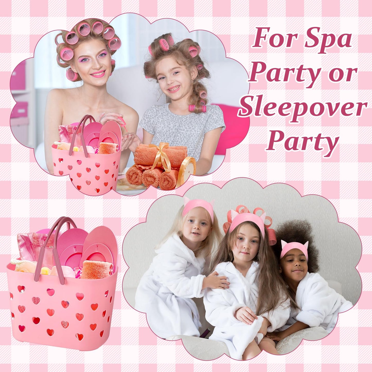 yasuwekik 8 Sets Spa Party Supplies for Girls Sleepover Party Favors with Pink Basket Satin Robe Towel Headband Satin Hair Scrunchies Loofah Disposable Slipper Gift Ribbon for Birthday