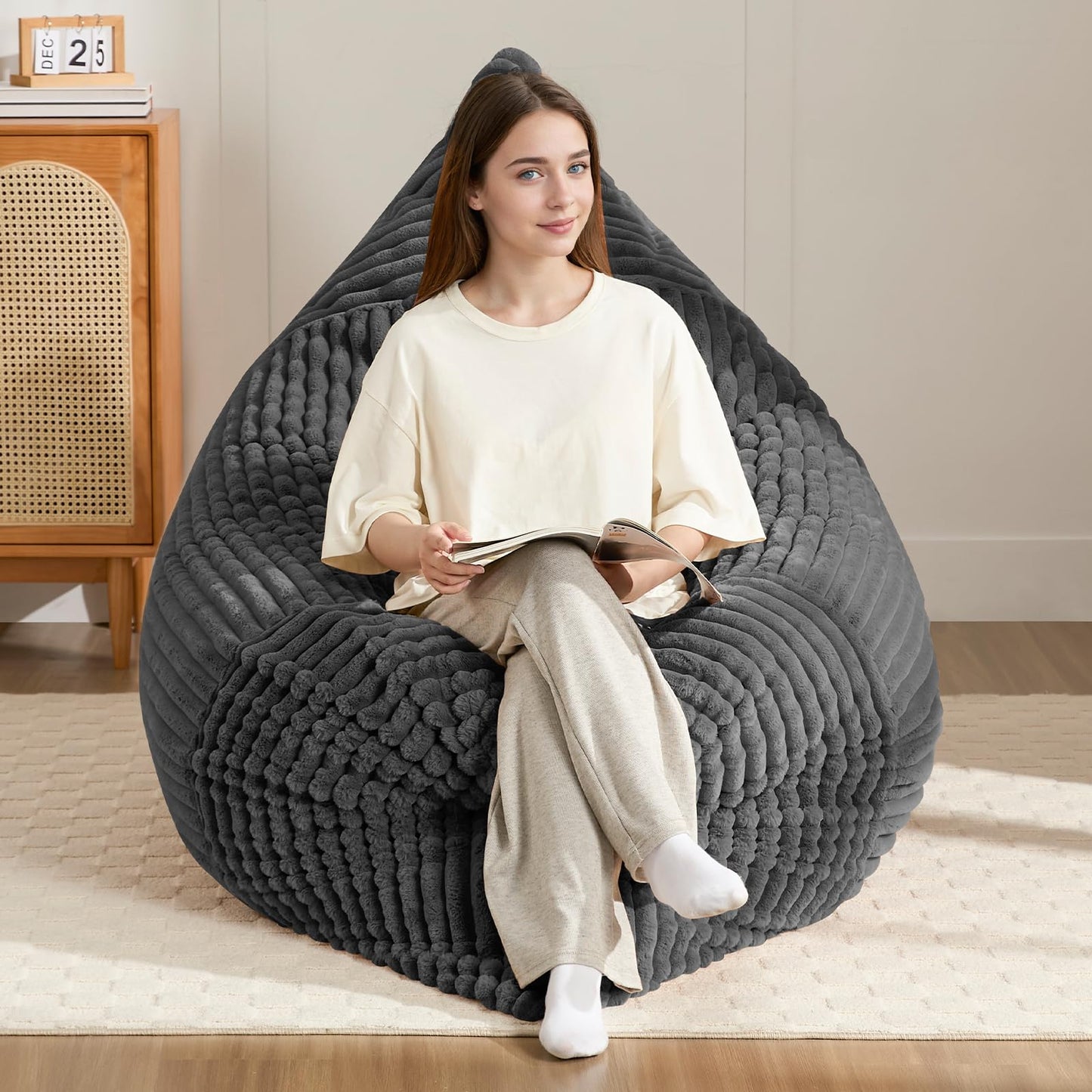 3-in-1 Giant Bean Bag Chair for Adults & Kid, Convertible Floor Sofa to Mattress, High-Density Foam Chair Bed with Washable Cover, Multi Functional Lounge Couch for Bedroom, Living Room (Dark Grey)