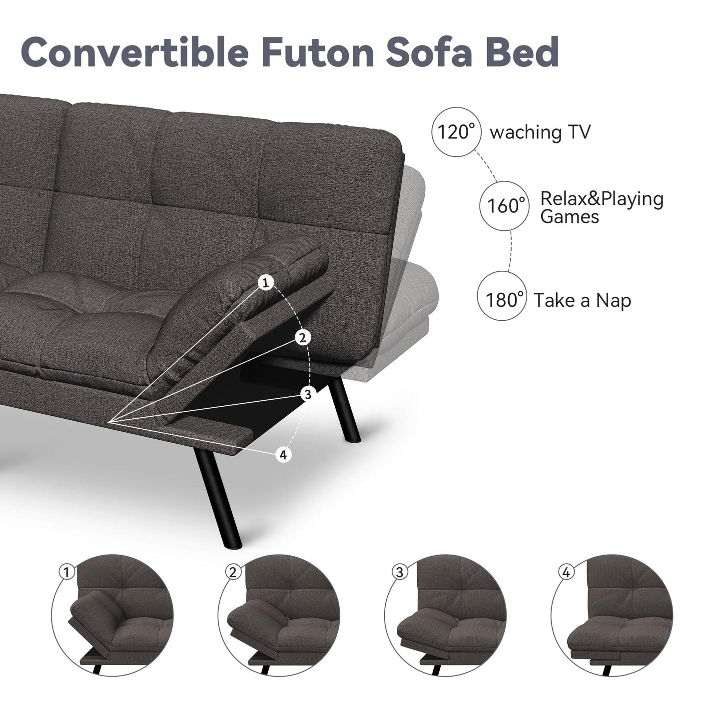 Vyfipt Convertible Futon Sofa Bed, 71" Memory Foam Futon Couch with Detachable,Adjustable Backrest,Linen Fabric Folding Small Loveseat Sleeper for for Living Room,RV,Office,Apartment,Dark Grey