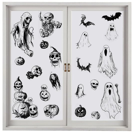 9 Sheets Horror Theme Halloween Window Stickers Spooky Black Skeleton Ghost Witch Vintage Bat Decor Door Wall Window Glass Decals Clings for Halloween Party Decorations