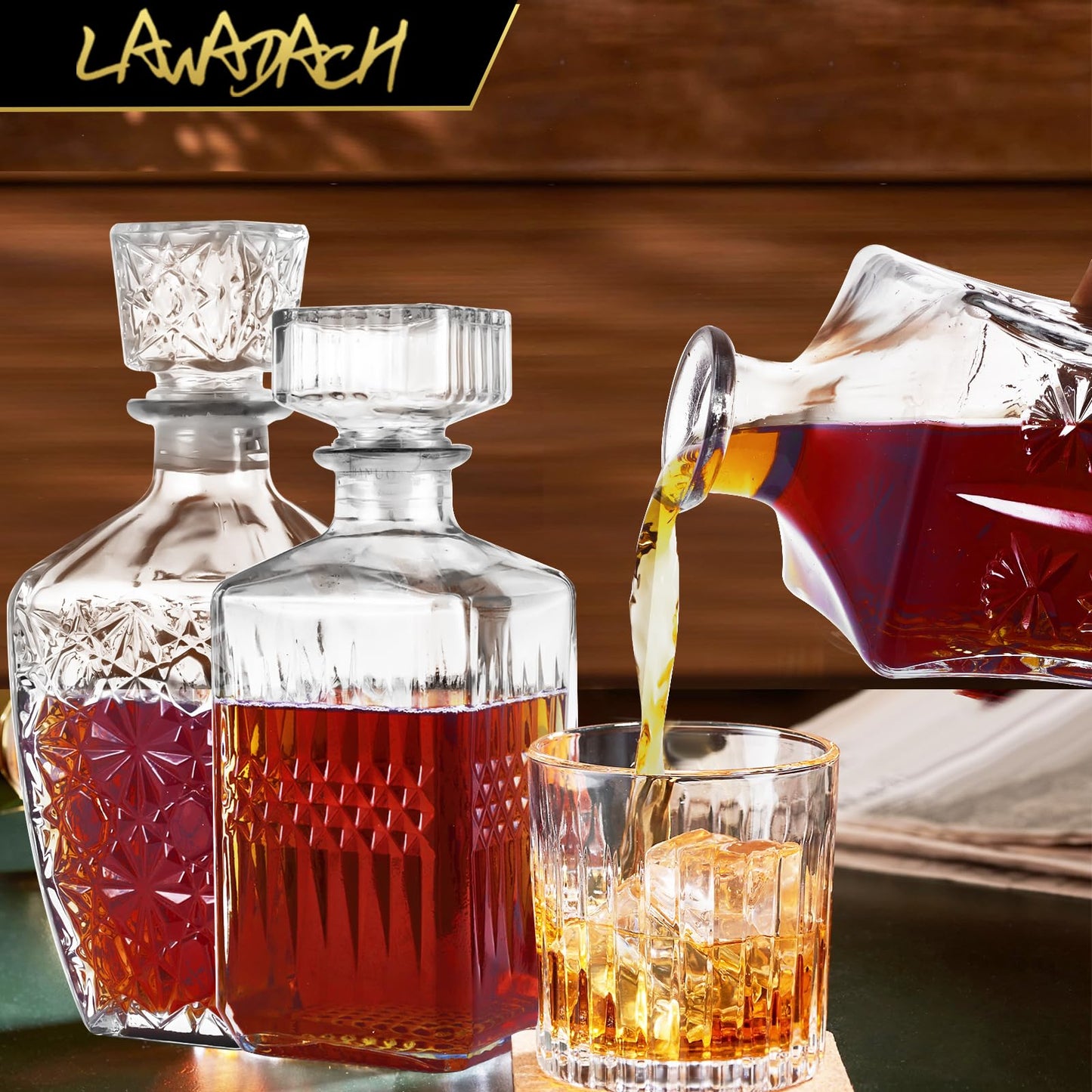 Whiskey Decanter Set of 3 Glass Liquor Decanters, Alcohol Bottles with Airtight Decanter for Tequila, Vodka and Brandy Unique Whiskey presents for Man, Dad, Husband and Home Bar Decor (28oz*2, 31oz*1)