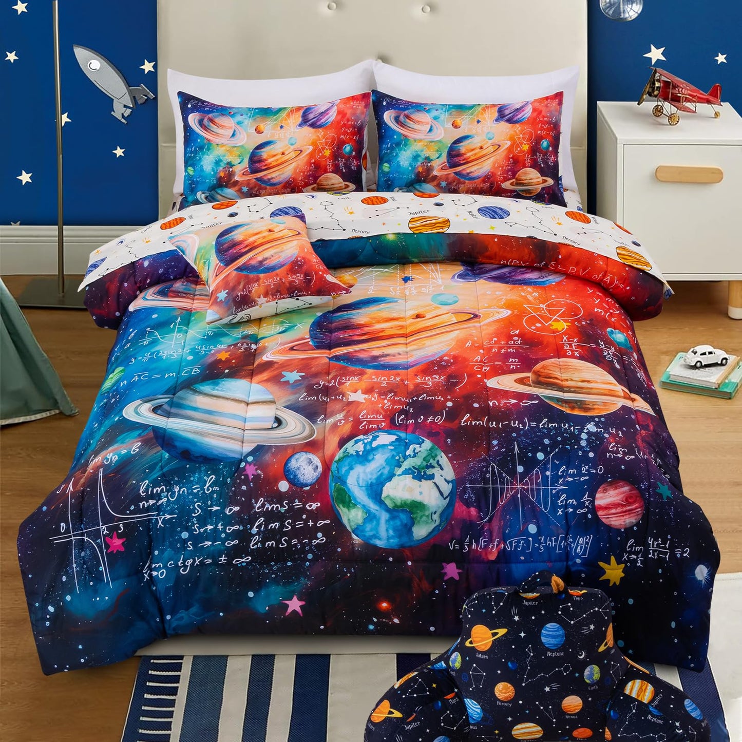 A Nice Night Boys Galaxy Twin Bedding Set 6 Piece Bed-in-a-Bag Comforter with Sheet Set, Space Algebra Theme Polyester Bed Sets for Kids,Purple
