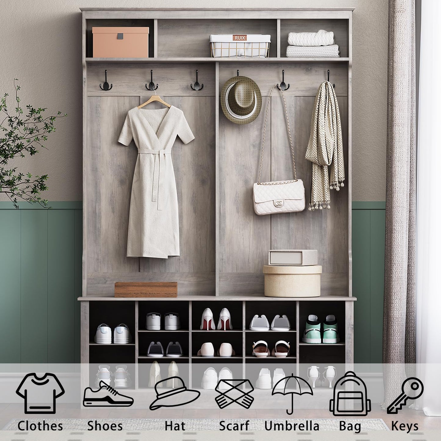 Wodeer Entryway Hall Tree with Bench and Shoe Storage, 53" Farmhouse 4-in-1 Mudroom Storage Organizer with Coat Rack, 6 Double Hooks, 12 Shoe Cubbies, Adjustable Shelf, for Hallway, Bedroom, Grey