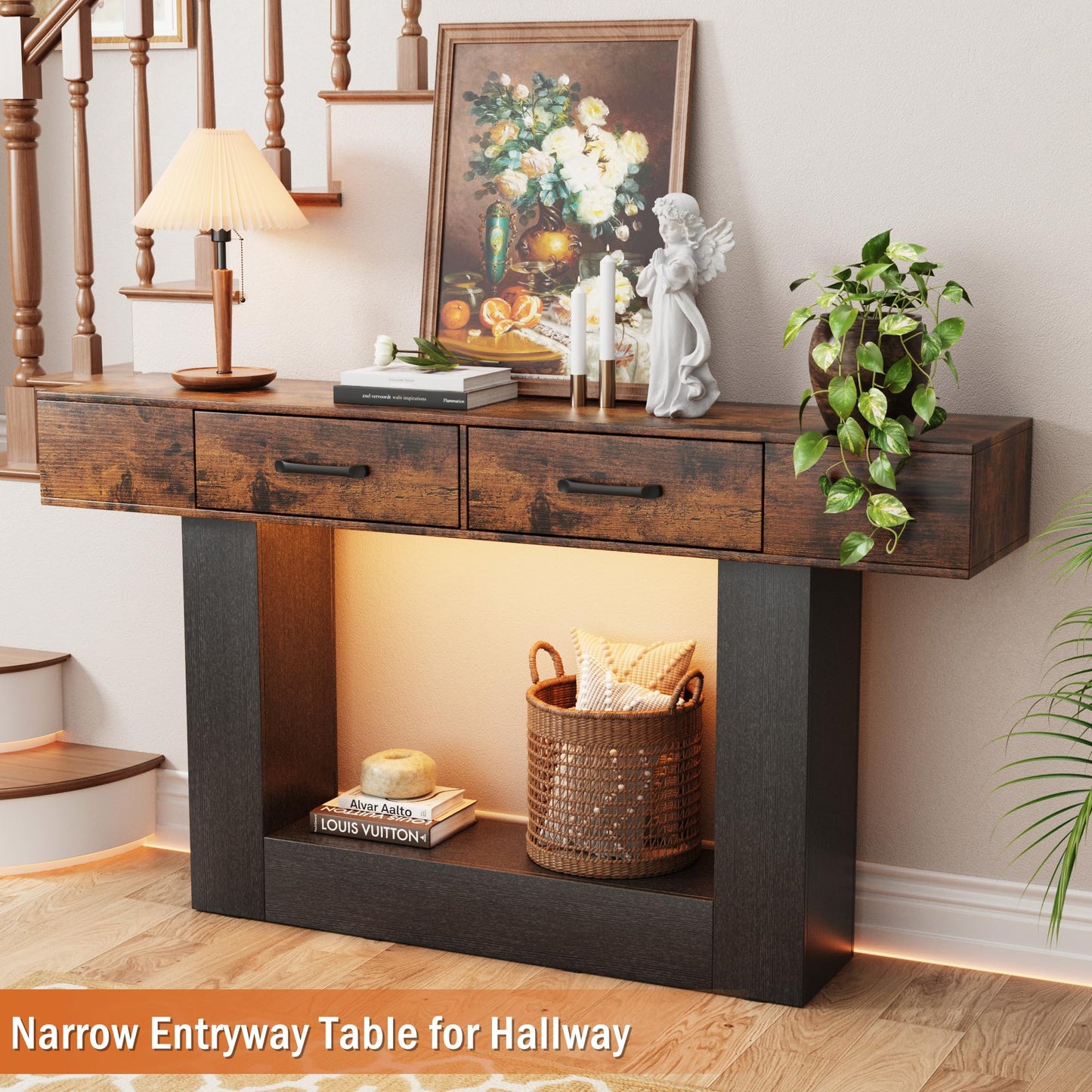 63" Long Console Table with LED Lights & Charging Station,2-Tier Entryway Table with Drawers and Open Storage Shelf for Entry Way,Farmhouse Sofa Table with Heavy Duty Base for Hallway, Foyer(Brown)