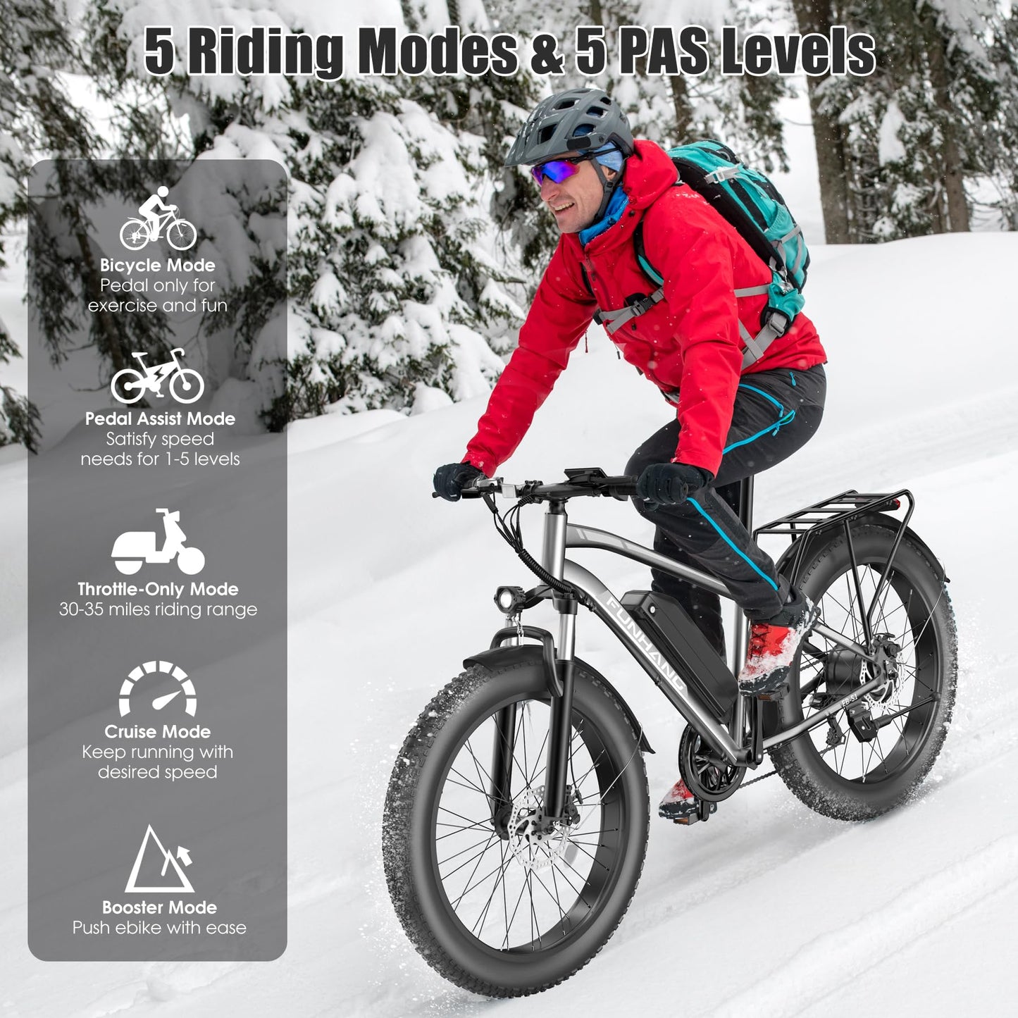 Funhang Electric Bike for Adults, Peak 1000W Ebike, 25MPH 60Miles Electric Mountain Bike, 26" Fat Tire Adult Electric Bicycle with 48V 13AH Battery, Rear Rack, 7 Speed, Front Suspension, Turn Signal