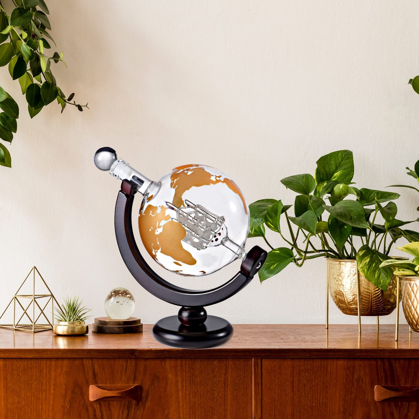 Whiskey Decanter Globe Gift Set - Rich Base Tray - Gold Whiskey Dispenser Airtight Stopper for Wine, Bourbon, Brandy, Juice, Water - Decanter Sets For Men Christmas Gifts for Dad Boyfriend Husband Him