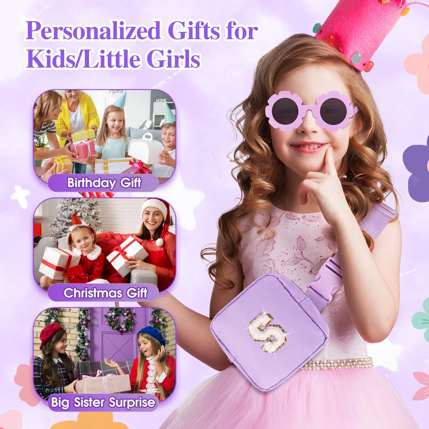 WINOWIMO Personalized Mini Fanny Pack for Kids with Sunglasses & Cute Keychain, Small Initial Belt Crossbody Bag Purse for Teen Girls, Birthday Gifts for 3 4 5 6 7 8 9 10 Years Old Kid (A, Purple)