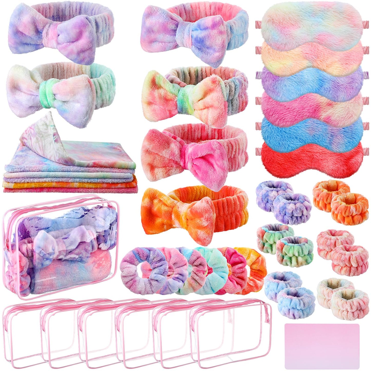 Wavwavw 48 Pcs Spa Party Favors Sleepover Party Supplies for Women Slumber Supplies Eye Mask Makeup Headband Hair Scrunchies Toiletry Bag Towels Greeting Cards Wristband(Multicolor,Tie Dye)
