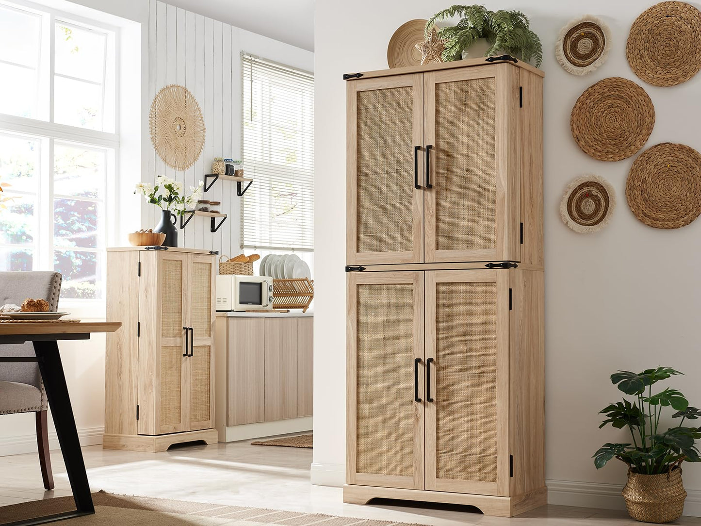 ACCOHOHO 72" Tall Kitchen Pantry with Natural Rattan Doors, Storage Cabinet with Organizer, Drawer and Adjustable Shelves, Wicker Cupboard for Kitchen, Dining Room, and Hallway, Natural Oak